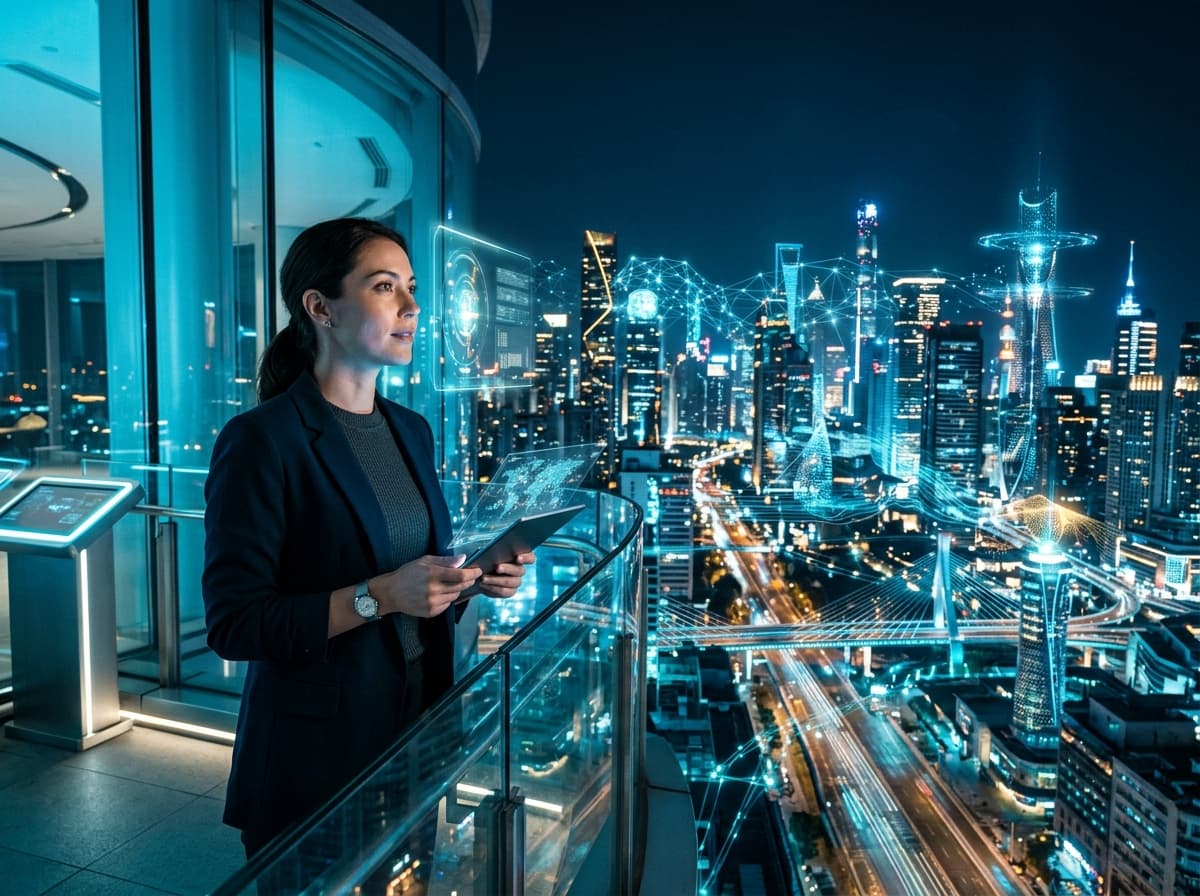 Optivent visionary architect overlooking connected futuristic smart city